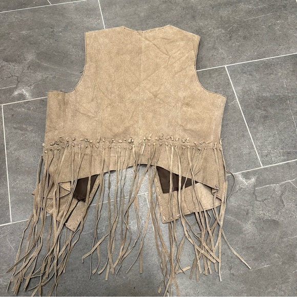 Tan leather western vest long fringe boho cowboy cowgirl - Picture 5 of 10